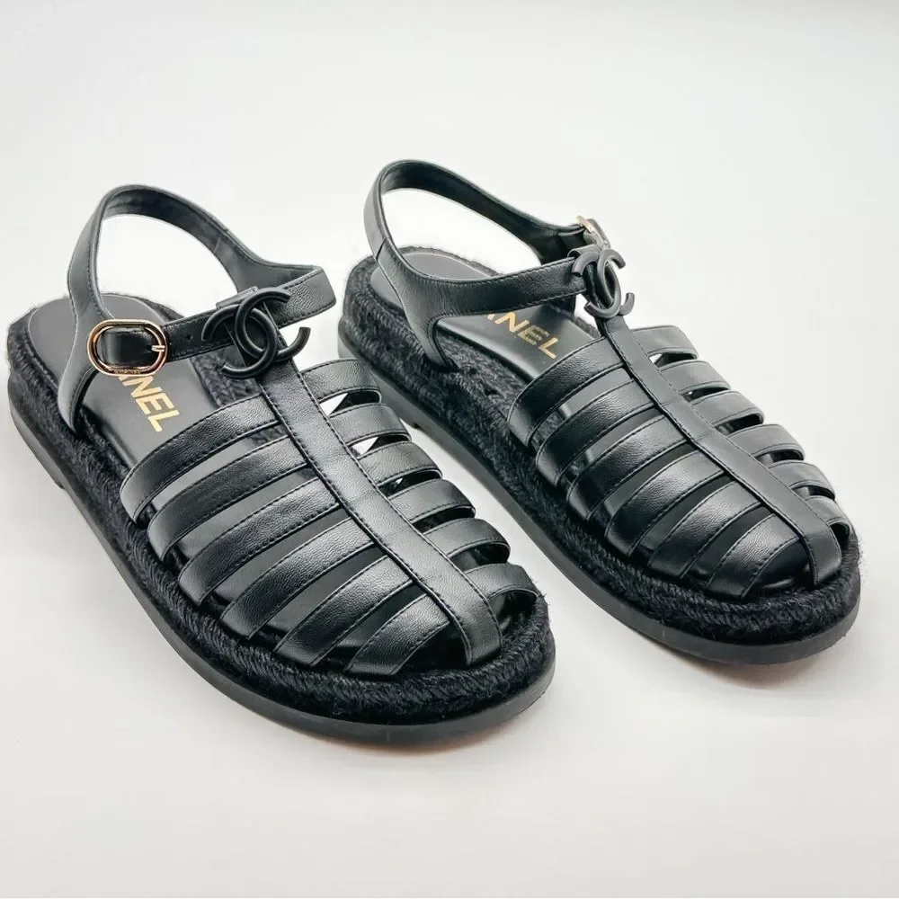 CHANEL 2024 CC Logo Black Leather Fisherman Rope Sole Dad Sandals Flats EU 37